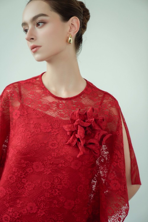 Sixdo Red Lace Loose Dress With Flower